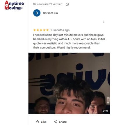 Customer review for last minute movers sharing a positive moving experience