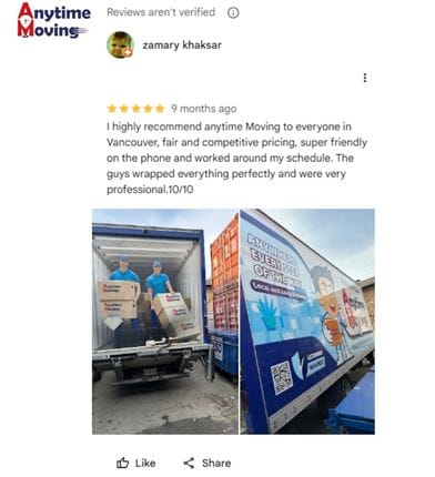 Customer review for cost of moving from Vancouver to Toronto with Anytime Moving, showing professional movers loading packed boxes into a moving truck